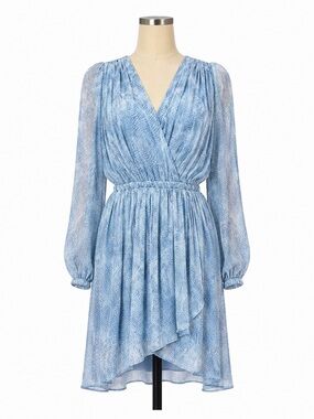 Michael Kors Surplice Faux Wrap Short Dress Ruched Long Sleeve Light Blue XL NWT
